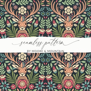 May include: A seamless pattern featuring a repeating design of stylized deer heads with antlers, surrounded by floral elements in shades of pink, green, and blue on a dark blue background. The text "seamless pattern" and "BY MOORE & MOUNTAIN" is included in the design.