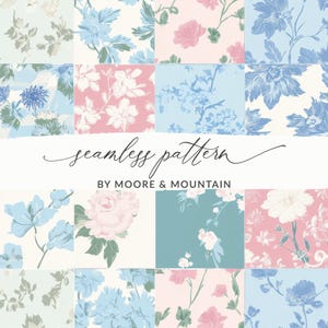 Pode incluir: Um design de padrão contínuo com motivos florais em tons de azul, rosa e verde. O design inclui o texto "seamless pattern" e "BY MOORE & MOUNTAIN". O padrão é organizado em um formato de grade, mostrando vários arranjos florais.