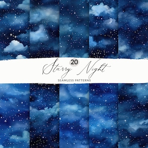 20 fundos de céu noturno em aquarela, fundo de noite estrelada sem costura, papel digital de céu noturno pintado, padrão de galáxia sem costura, textura de céu