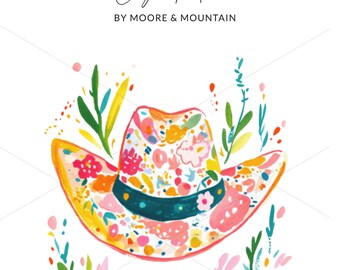 Arte digital de sombrero de vaquero floral preppy, descarga de imágenes prediseñadas del oeste, ilustración de sombrero en acuarela, archivos PNG y SVG para manualidades, arte imprimible