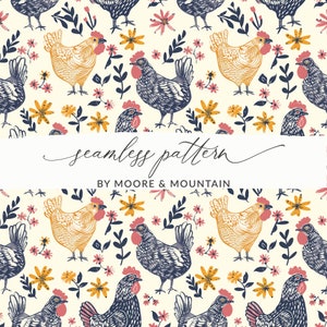 Patrón de pollos sin costuras, fondo de pollos lindos, fondo de granja, fondo de gallo ilustrado, patrón digital para uso comercial