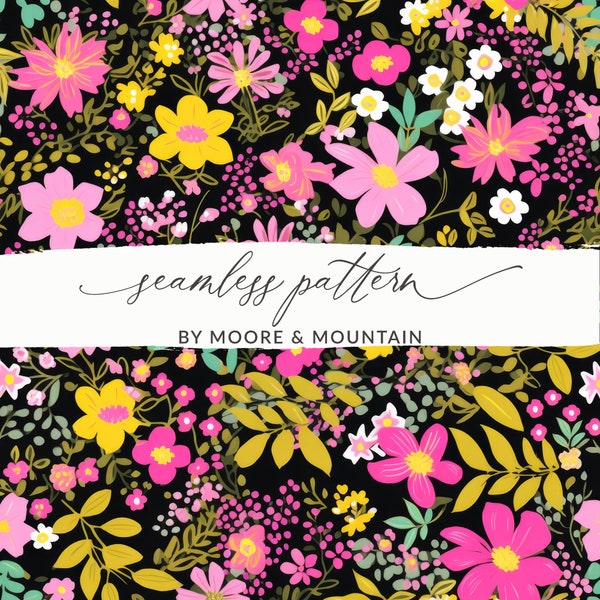 Seamless Hot Pink and Black Ditsy Floral Pattern, Seamless Pink and Black Background, Neon Pink and Black Flowers Digital Paper Wallpaper