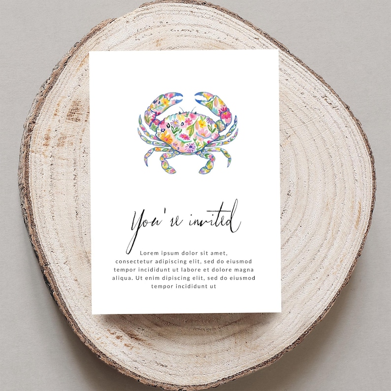 Watercolor floral crab on "You're invited" card with placeholder text.