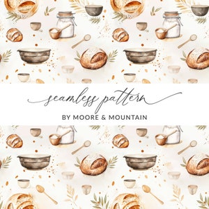 May include: A seamless pattern featuring watercolor illustrations of bread, bowls, jars, and sprigs of greenery. The pattern is on a white background with brown and gold speckles. The text "seamless pattern by Moore & Mountain" is at the bottom of the image.
