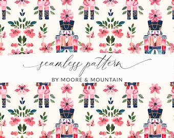 Schiaccianoci modello senza soluzione di continuità, carino sfondo giocattolo Schiaccianoci, Schiaccianoci di Natale rosa con fiori file senza soluzione di continuità, Schiaccianoci acquerello