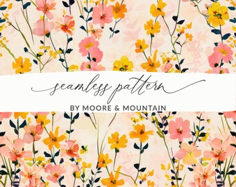 Pink and Yellow Spring Floral Pattern, Branches With Spring Blossoms Seamless Pattern Watercolor Pink and Yellow Floral Pattern