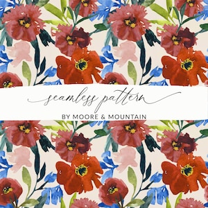 Bright Red Watercolor Floral Seamless Pattern, Painted Red Floral Background, Red and Blue Flower Pattern for Commercial Use, Red Anemone