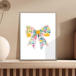 Floral Bow Wall Art, Colorful Bow Poster, Flower Decor Print, Nursery Wall Art, Kids Room Decor, Feminine Bow Artwork, Gift for Her