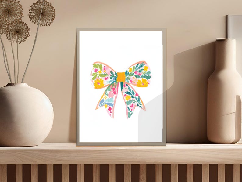 Floral Bow Wall Art, Colorful Bow Poster, Flower Decor Print, Nursery Wall Art, Kids Room Decor, Feminine Bow Artwork, Gift for Her
