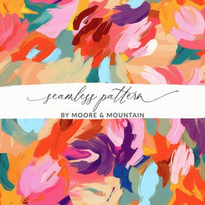 Puede incluir: Un patrón sin costuras con pinceladas audaces y expresivas en tonos vibrantes de rosa, naranja, rojo, morado y verde azulado. Una banda horizontal blanca en el centro muestra el texto seamless pattern by Moore & Mountain en negro.