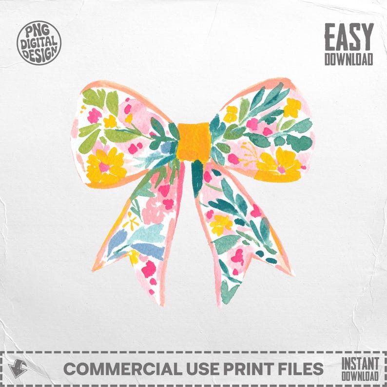 Floral Bow PNG, Digital Download Clipart, Floral Bow Printable Art, Commercial Use Clip Art, Instant Download, Flower Bow PNG