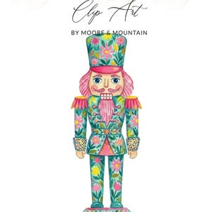 Puede incluir: Ilustración en acuarela de un soldado cascanueces con diseño floral. El cascanueces está de pie, vistiendo un uniforme turquesa con flores rosas y amarillas. El texto "Clip Art by Moore & Mountain" está en la parte superior.