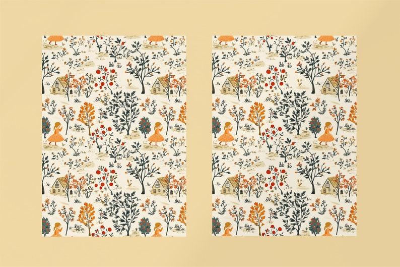 Puede incluir: Un patr&oacute;n sin costuras que presenta una ilustraci&oacute;n caprichosa de una caba&ntilde;a, &aacute;rboles y personas en un entorno de bosque. El patr&oacute;n est&aacute; lleno de colores naranja, rojo, verde y azul sobre un fondo blanco.