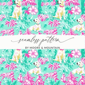 Pode incluir: Um padrão sem costura com cães brancos com colares cor-de-rosa sobre um fundo turquesa com desenhos florais cor-de-rosa e verdes. O texto "seamless pattern" e "BY MOORE & MOUNTAIN" é exibido em uma faixa branca.