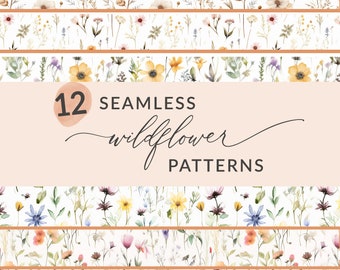 Puede incluir: Una colección de 12 patrones de flores silvestres sin costuras. Los diseños presentan ilustraciones de acuarela de varias flores silvestres en tonos de amarillo, naranja, rosa y azul, sobre un fondo blanco. El texto "12 SEAMLESS wildflower PATTERNS" se muestra.