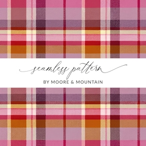 Puede incluir: Un patrón de cuadros sin costuras en tonos de rosa, rojo, naranja, marrón y morado. El patrón se repite en toda la imagen. El texto "seamless pattern" y "BY MOORE & MOUNTAIN" se muestra en el centro de la imagen.