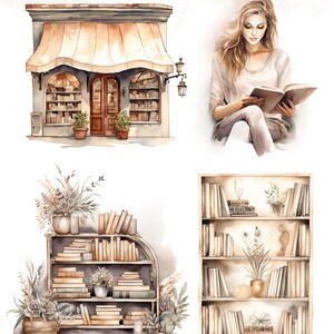 May include: A watercolor illustration of a bookstore with a brown awning, a bookshelf filled with books, and a woman reading a book. The illustration is in a vintage style with soft colors and a whimsical feel.