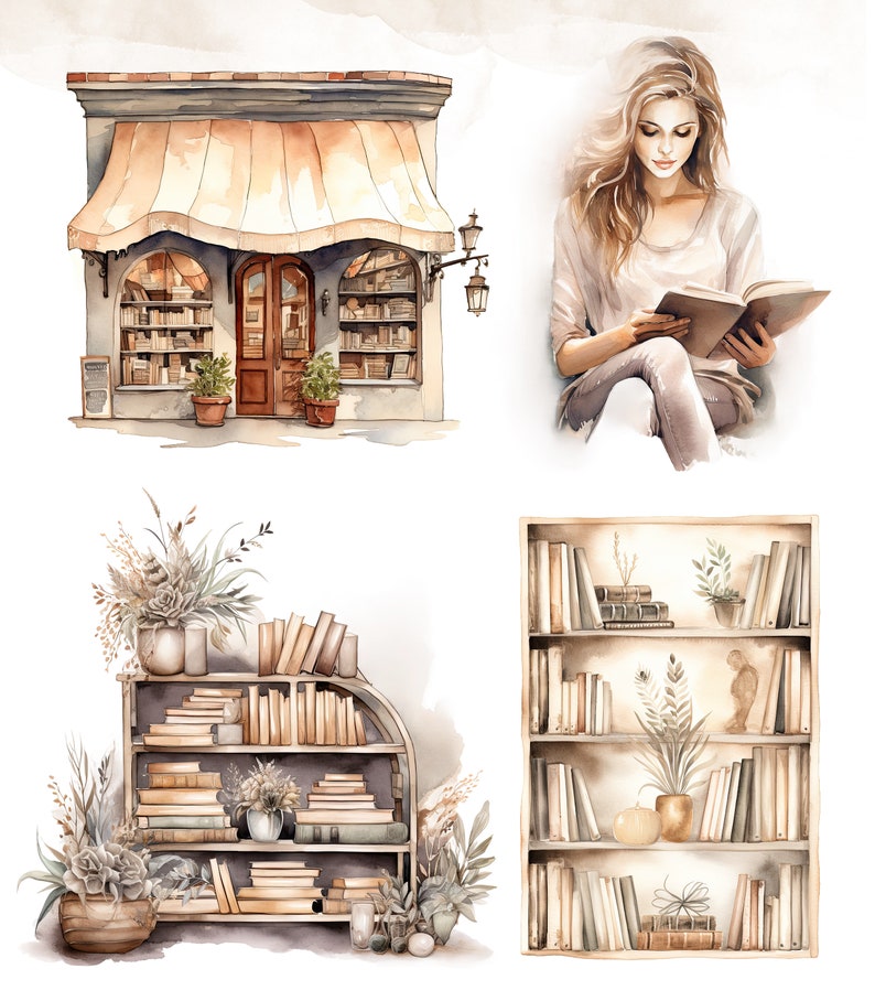 May include: A watercolor illustration of a bookstore with a brown awning, a bookshelf filled with books, and a woman reading a book. The illustration is in a vintage style with soft colors and a whimsical feel.