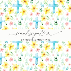 May include: A seamless pattern featuring blue crosses and yellow flowers on a white background. The text "seamless pattern" and "BY MOORE & MOUNTAIN" is included in the image.