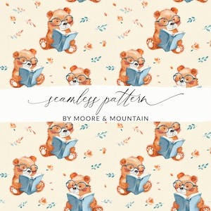 Ours en peluche mignon lisant un livre sans couture de fond Ours mignon répétant l'arrière-plan PNG fond transparent bébé garçon douche de bébé