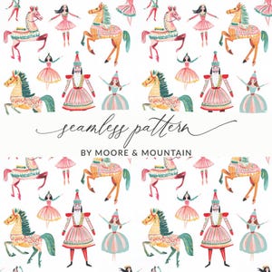 Puede incluir: Un patrón sin costuras con ilustraciones en acuarela de caballos de juguete, bailarinas y cascanueces en tonos rosa, verde azulado y dorado. También se incluye el texto "seamless pattern" y "BY MOORE & MOUNTAIN".