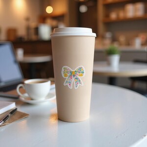 Floral Bow Sticker on Beige Travel Mug, Reusable Coffee Cup with Lid, Eco Friendly Tumbler, Cute Portable Drinkware for Office, Gifts