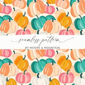 Puede incluir: Un patrón sin costuras que presenta una variedad de calabazas en tonos naranja, rosa, blanco y turquesa. Las calabazas están dispuestas en un patrón repetitivo sobre un fondo crema. El texto "seamless pattern" y "by Moore & Mountain" está incluido en el diseño.