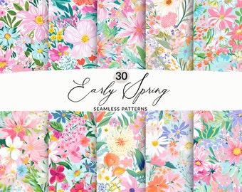 30 Spring Ditsy Floral Patterns, Seamless Preppy Floral Patterns, Bright Spring Ditsy Blooms Pattern Pack, Pastel Preppy Floral Backgrounds
