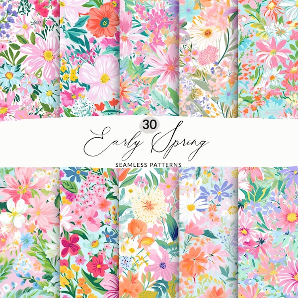 30 Spring Ditsy Floral Patterns, Seamless Preppy Floral Patterns, Bright Spring Ditsy Blooms Pattern Pack, Pastel Preppy Floral Backgrounds