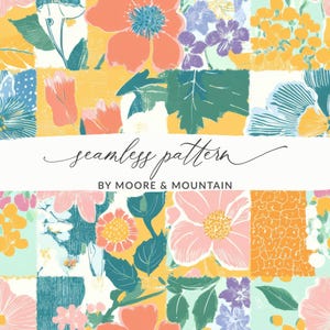May include: A seamless floral pattern design featuring colorful flowers in shades of orange, pink, purple, and yellow. The text "seamless pattern" and "BY MOORE & MOUNTAIN" are displayed in white on a white background.