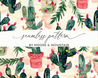 May include: A seamless pattern featuring watercolor illustrations of potted cacti with Christmas lights, pine branches, and pink and yellow watercolor accents.