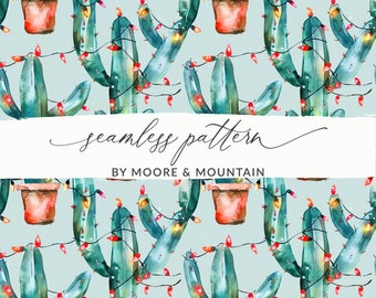 May include: A seamless pattern featuring watercolor illustrations of cacti with Christmas lights. The cacti are green and blue with red and yellow lights. The background is a light blue color.