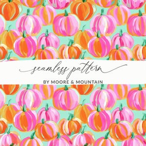 Könnte beinhalten: Ein nahtloses Muster mit handgemalten Kürbissen in leuchtendem Pink, Orange und Koralle auf hellminzgrünem Hintergrund. Der Text "seamless pattern BY MOORE & MOUNTAIN" ist in Schwarz auf einem weißen horizontalen Band gedruckt.