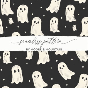 May include: A seamless pattern featuring white ghosts on a black background. The ghosts have simple facial features and are scattered randomly across the background. The pattern is perfect for Halloween decorations or crafts.
