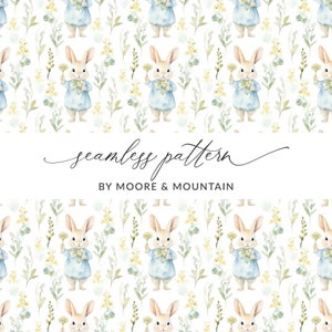 Cottagecore Bunny Seamless Background, Fundo de personagem de coelho ilustrado, Fundo de coelho de primavera Seamless Background, Coelho com flores digitais