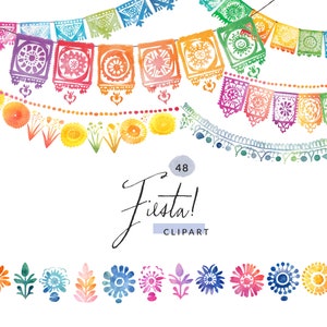 50 aquarel Papel Picado Clipart, aquarel Clipart Mexicaanse Fiesta Clipart, PNG-afbeeldingen, commercieel gebruik