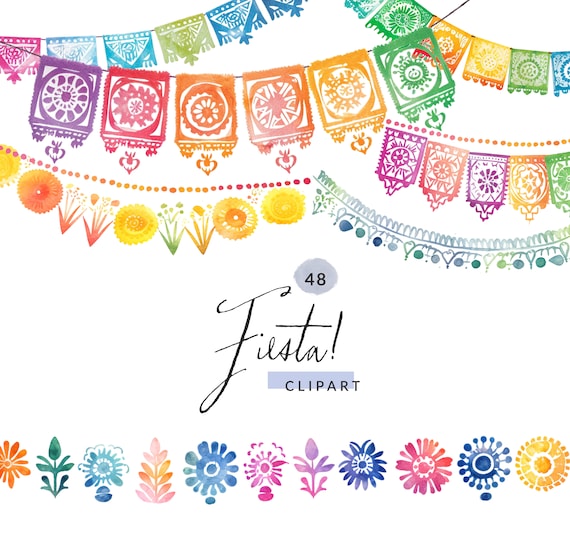 50 Watercolor Papel Picado Clipart, Watercolor Clipart Mexican Fiesta Clipart, PNG Images, Commercial Use