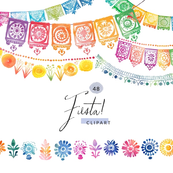 50 Watercolor Papel Picado Clipart, Watercolor Clipart Mexican Fiesta Clipart, PNG Images, Commercial Use