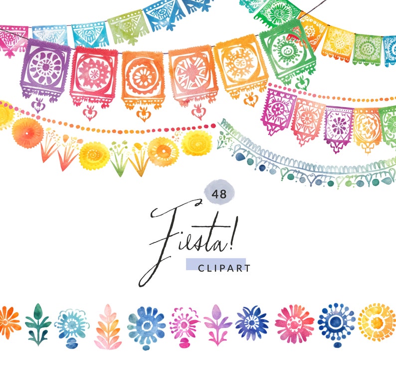 May include: A set of 48 watercolour clipart images featuring colourful paper banners and flowers. The banners are decorated with intricate patterns and the flowers are in various shades of blue, pink, yellow, and green. The text "Fiesta!" is written in black cursive.