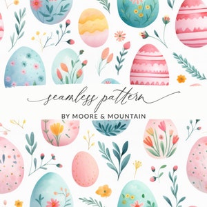 Patrón de fondo de huevos de Pascua florales, fondo de uso comercial de huevos de Pascua sin costuras para diseño textil, huevos de Pascua pintados sin costuras