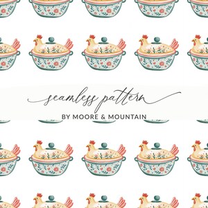 May include: Seamless pattern featuring repeating illustrations of a chicken-shaped casserole dish with a floral design. The dish is light blue with red and green accents. The text "seamless pattern" and "BY MOORE & MOUNTAIN" are also visible.