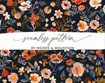 Dark Fall Floral Seamless Pattern, Fall Colored Flowers Pattern, Black Autumn Floral Seamless Digital Paper, Fall Wallpaper Design Vintage