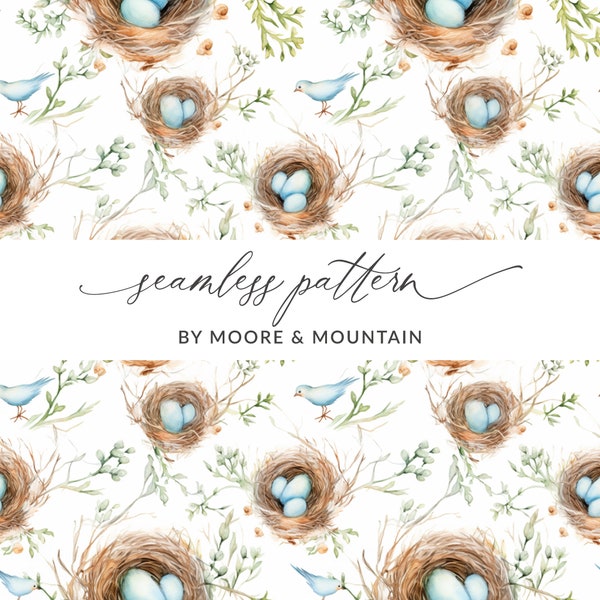 Seamless Birds Nest Pattern, Spring Blue Bird Seamless Background, Watercolor Nest Pattern, Easter Nest Seamless Background, Bluebird