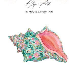 May include: Watercolor illustration of a seashell with a pink interior and a turquoise exterior adorned with pink flowers and green leaves. The text "Clip Art" and "BY MOORE & MOUNTAIN" are written in black script.