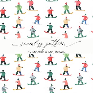 Op de afbeelding: Een naadloos patroon met aquarel illustraties van snowboarders in winterkleding. De snowboarders dragen rode, groene en gele jassen en gestreepte truien. De tekst "seamless pattern" en "BY MOORE & MOUNTAIN" zijn ook zichtbaar.