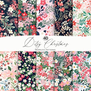 Puede incluir: Un conjunto de 40 patrones digitales sin costuras que presentan una variedad de diseños florales en colores rojo, rosa, blanco y verde. Los patrones son perfectos para crear manualidades navideñas festivas, papel de regalo y otros proyectos navideños.