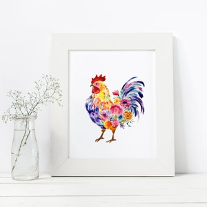 May include: A watercolor painting of a rooster with a colorful floral pattern. The rooster is yellow, red, blue, and purple with a white background.