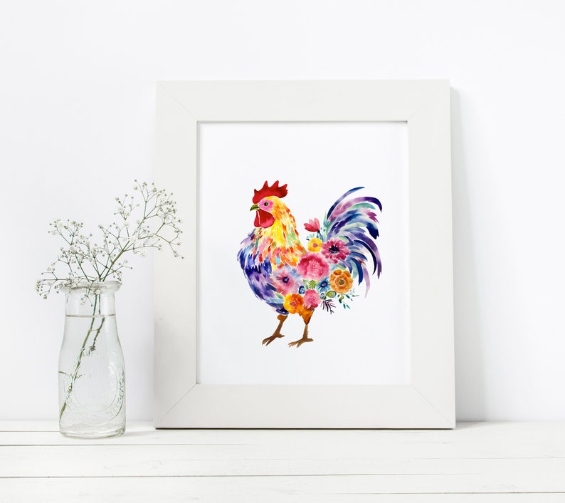 May include: A watercolor painting of a rooster with a colorful floral pattern. The rooster is yellow, red, blue, and purple with a white background.