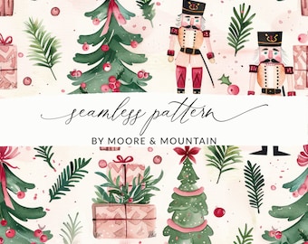 Nutcrackers Seamless Christmas Pattern, Digital Nutcracker Background, Watercolor Nutcracker Christmas Wallpaper Pattern for Commercial Use