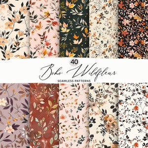 40 padrões de flores delicados sem costura, conjunto de padrões de flores silvestres em aquarela, coleção de padrões de flores silvestres pretas, flores silvestres em aquarela Boho